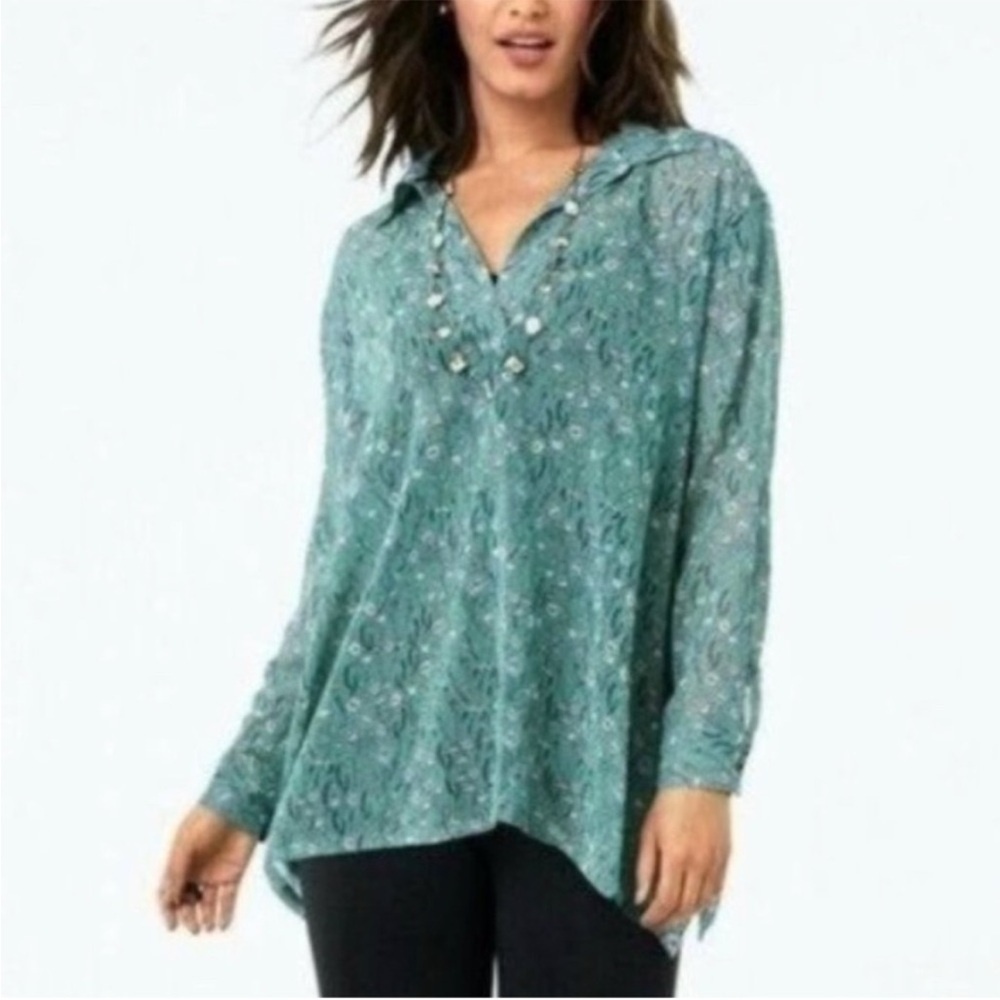 CAbi 3761 Kate‎ Chase Field of Flowers Blouse Size XXS Blue Green Floral Sheer